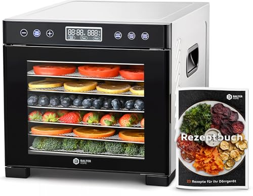 Balter Dörrautomat Edelstahl, Dörrgerät mit 7 Einlegefächern, BPA-frei, 600 W, 35°–75°C, Timer bis 48 Std, Dehydrator, Obsttrockner, Dörrapparat, Warmhaltefunktion, Obst Fleisch Pilze, Rezeptbuch