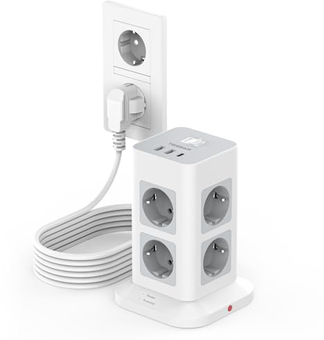 TESSAN 8 Fach Mehrfachsteckdose mit USB C, Verlängerungskabel 3M, Grau | Verteilersteckdose mit 3 USB, Steckdosenleiste Überspannungsschutz, Mehrfachstecker 3600W, Steckerleiste für Zuhause