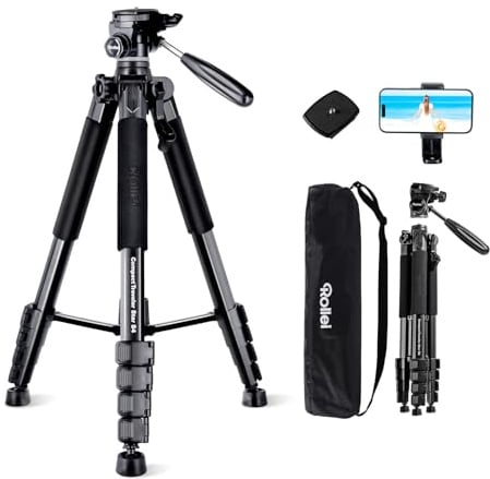 Rollei Compact Traveler Star S4, 188cm Kamera Stativ Leicht Kompakt aus Aluminium Fotostativ mit Kugelkopf für DSLR Dreibeinstativ für Smartphone mit Handyhalterung, Kamerastativ-Camera-Tripod