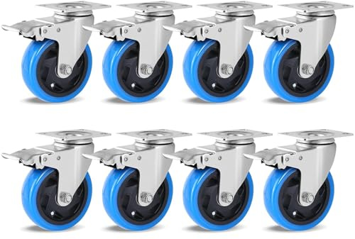 8er set Lenkrollen 100mm mit Bremse, Schwerlastrollen Tragkraft 1200 kg | 360° schwenkbar Castors, keine Spuren & Leise Rollen für Möbel, Transportrollen für Werkzeugwagen Industrietransport, Blau