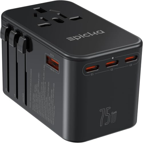 EPICKA 75W GaN Reiseadapter mit 3 USB-C und 2 USB-A Schnellladegerät | Reiseadapter Weltweit, GaN Universal Reisestecker, Internationaler Travel Adapter für DE USA UK JP TH,TA-105Max,Schwarz