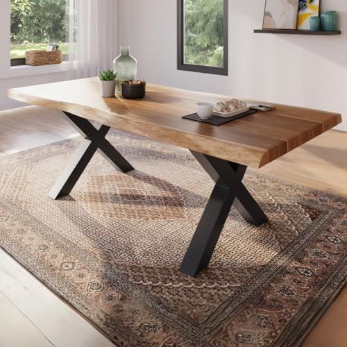 trelevo Esszimmertisch 220x100 cm Akazie naturfarben X-Gestell Baumkante | Akazienholz massiv, Tischplatte, schwarz, Baumkantentisch