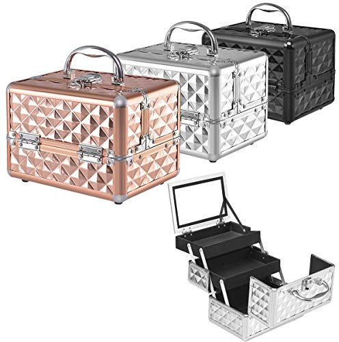 RELAX4LIFE Kosmetikkoffer, Schminkkoffer mit Spiegel, Kosmetikkasten tragbar für Reise, Beauty Case 3 Fächer, Make up Box für Lippenstifte & Nagellack & Schmuck, Friseurkoffer klappbar (Silber)
