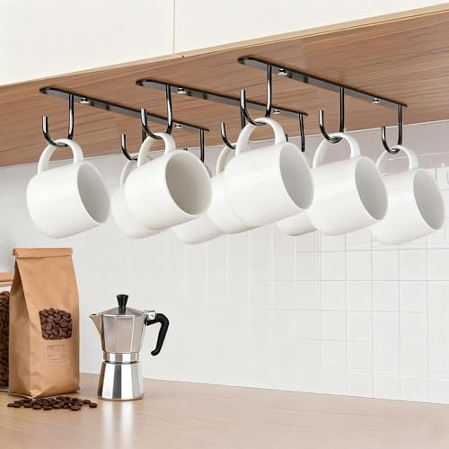 EigPluy 3 Stücke Tassenhalter unter dem Schrank,Klebstoff/Bohren 2 Wege installieren Becher Tassen Lagerung Haken,Tassenhaken Unter dem Regal, Kaffeetassenhalter Unterschrank Schrank (Schwarz)