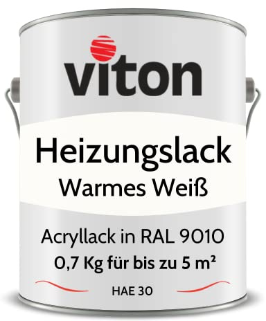 Viton Acryllack für Heizkörper - 0,7 Kg - Seidenmatt - UV- & Hitzebeständig - Heizkörperfarbe, Heizkörperlack, Heizungslack - HAE 30 - RAL 9010 Reinweiß