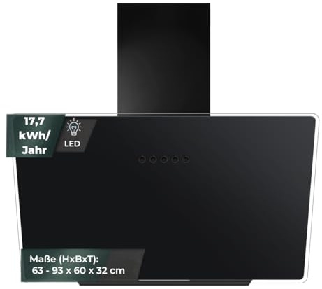 YUNA Dunstabzugshaube DUANA 60 cm Schwarz Glasfront 3 Leistungsstufen Abluft Umluft Kopffrei LED Beleuchtung Ohne Kohlefilter