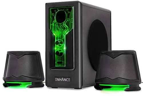 ENHANCE SB 2.1 Computerlautsprecher mit Subwoofer – Grün LED-Gaming-Lautsprecher, High-Excursion-Soundsystem, AC-betrieben, Lautstärke- und Bassregelung, Kompatibel mit Gaming-PC, Desktop, Laptop