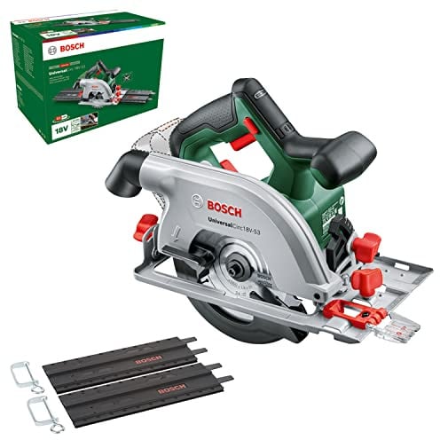Bosch Akku-Kreissäge UniversalCirc 18V-53 (Präzises Sägen in jedem Holzmaterial; max. Schnitttiefe 53 mm; 2 tlg. Führungsschienenset; 18 Volt System; ohne Akku) – Amazon Edition