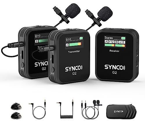 SYNCO Wireless Lavalier Mikrofon, G2(A2) 2.4GHz Ansteckmikrofon Kabellos 8H 200m Reichweite für Kamera mit Echtzeitüberwachung für Vlog YouTube