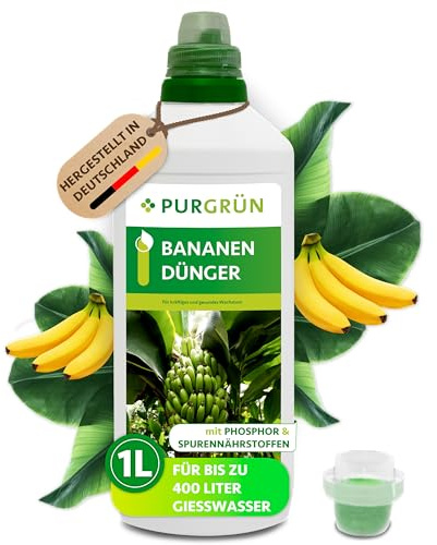 Purgrün® Bananen-Dünger 1 Liter – Extra Stickstoff für schnelles Wachstum – Spurennährstoffe für intensive Blattfärbung – Ergiebiges Konzentrat für bis zu 400 Liter Gießwasser – Profi-Flüssigdünger