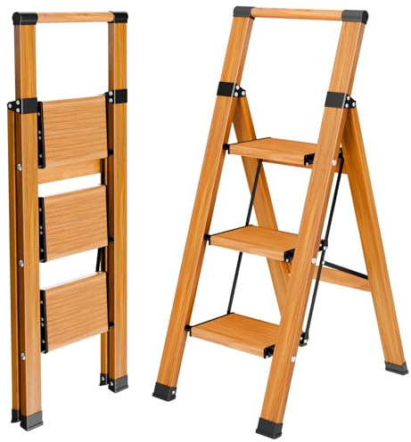 Trittleiter mit Handlauf, rutschfeste Leiter 3 Stufen Klappbar, Holzoptik | Aluminium Klappleiter bis 150 kg, Tragbarer Stehleiter, Haushaltsleiter mit Anti-Rutsch breitem Pedal