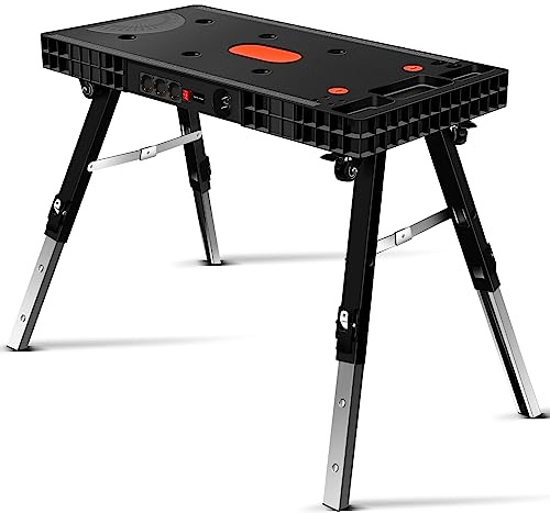 GARDTECH Klappwerkbank 5-in-1, werkbank klappbar & höhenverstellbar, als Werkbank und Arbeitstisch, 150 kg Tragkraft, große Arbeitsfläche mit Winkelangaben, EU-Steckdose, für Werkstatt, Garage & DIY