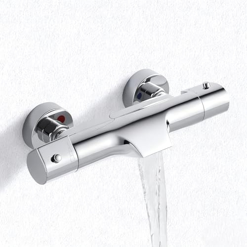 Wasserfall Badewannenarmatur mit Thermostat Mischbatterie Badewanne, 150mm | Thermostat Wannenarmatur Chrom, Duscharmatur für Dusche Badewanne 2 Auslässen Messing mit 38 °C Sicherheitstaste, Aufputz