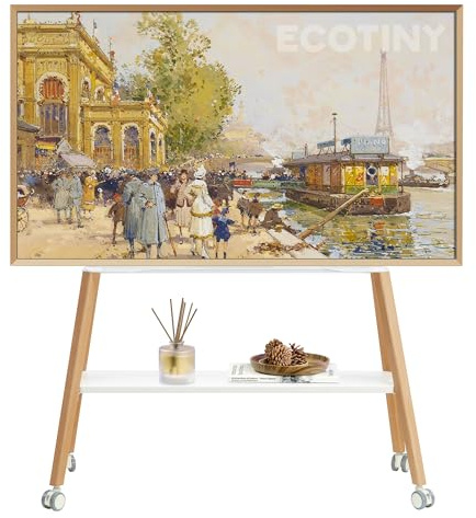 ECOTINY TV Ständer mit Rollen für 49 bis 75 Zoll TV bis zu 40 kg, Easel Design mit Metallstruktur und Holzablage, Beweglicher TV Ständer auf Rädern für Geschäft, Büro, Schule, Haus