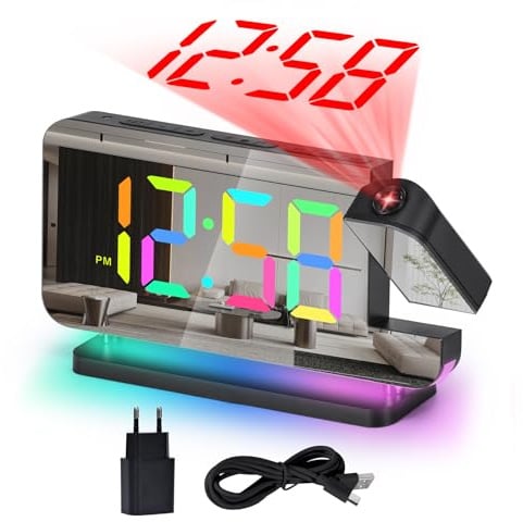 Wecker Digital,Wecker Mit Projektion,7.4LED-Spiegeluhr mit um 180°Drehbarem Projektor,11 RGB-Farben-Digitalanzeige,10-Farben-Nachtlicht,5-Stufen Lautstärke Tischuhr Digital für Kinder,Mädchen