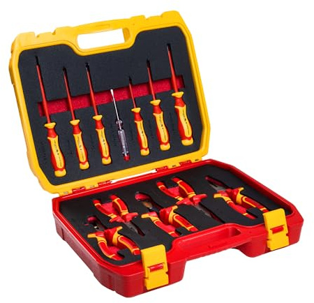 HÖGERT TECHNIK 12er-Set Elektriker Werkzeug Set isolierter 1000V Hand Screwdriver, Schlitz und Kreuz Schraubendreher, Zangen, Spannungsprüfe, Kunststoffkoffer Werkzeugsatz