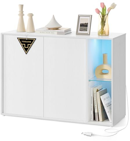 SONGMICS HOME Sideboard, superschnelle werkzeuglose Montage, Toolless-Technologie, Aufbewahrungsschrank Wohnzimmer, TV-Schrank mit LED-Beleuchtung, verstellbare Ablagen, Modern, schneeweiß BBK372W01