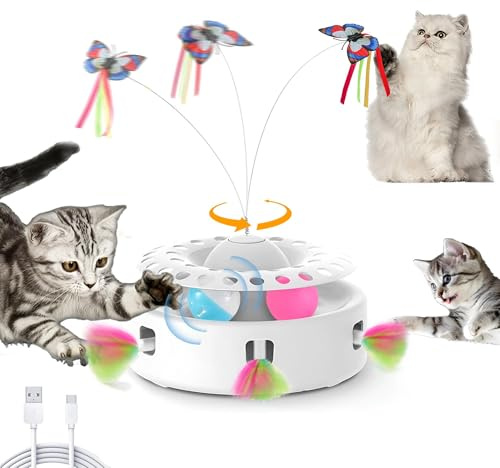 Soarer 3-in-1Katzenspielzeug Selbstbeschäftigung Interaktives Elektrisch | Katzen Spielzeug 4 Spielzeug Austausch, Schmetterlinge Tanzen, Schuss Federn, Rollen Kugeln, Doppel-Power-Modell
