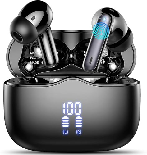 Bluetooth Kopfhörer, 2025 In Ear Kopfhörer Kabellos Bluetooth 5.4 mit 4 ENC Lärmreduzierung Mics, Tiefer Bass 40Std Kabellose Kopfhörer LED-Anzeige IP7 Wasserdicht,Sport Ohrhörer Touch Control Schwarz