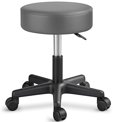 TRESKO Rollhocker höhenverstellbar Grau bis 150 kg | Hocker Drehhocker 10 cm Dicke Polsterung 47-60 cm Sitzhöhe | Arbeitshocker Bürohocker 360° drehbar mit Rollen