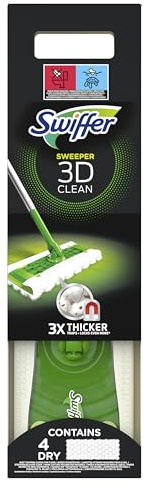 Swiffer Bodenwischer 3D Clean Starterkit, 1 Stab + 4 Trockene Bodentücher + 2 Feuchte Bodentücher, Set für Hartholz & Hartböden, entfernt Staub & Schmutz