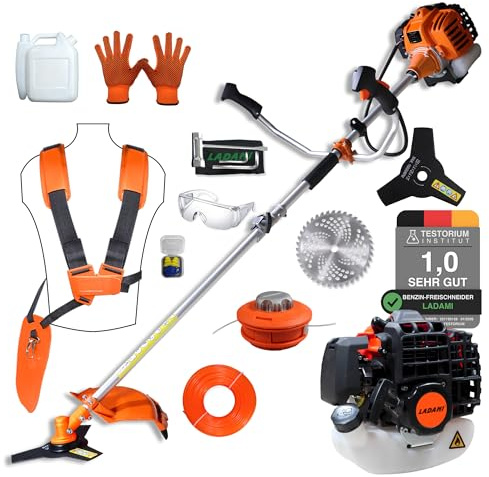 LADAMI Benzin Motorsense 52cc 2-Takt Rasentrimmer – 2-in-1 Multifunktion 3 PS Einzylinder-Motor mit 3-Zahn-Messer & Nylonschnur-Spule, Leistungsstark & Zuverlässig für Garten und Feld