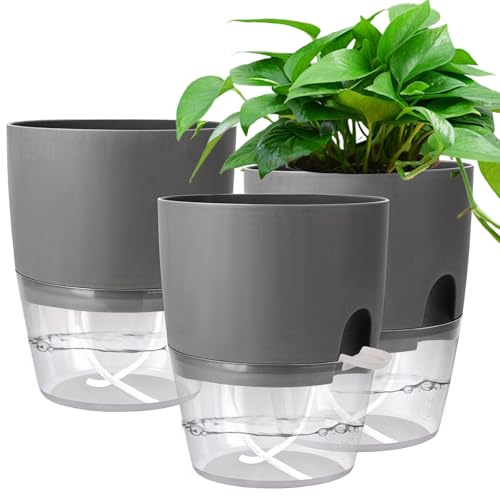 Euakee 3 Stück Selbstbewässerungstopf, 15 cm Fensterbank Kräutertopf Küche Set mit Selbstbewässernd und Wasserspeicher, für Frische Küchenkräuter, für Gesündere Kräuter und Pflanzen (Grau)
