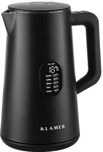 KLAMER Edelstahl Wasserkocher mit Temperatureinstellung 40-100°C, Warmhaltefunktion, mattschwarzes Kaltgehäuse, doppelwandiger 1,5L Teekocher mit 1800W, BPA-frei