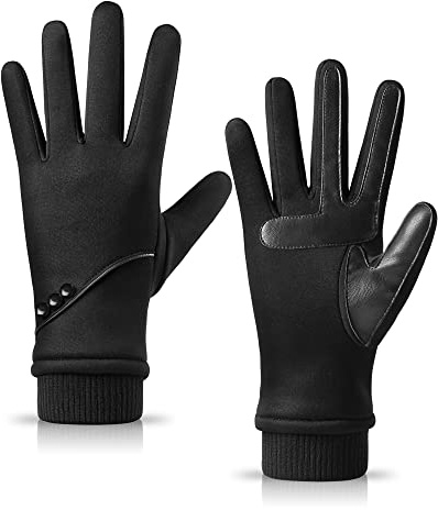 HOLDINA Handschuhe Damen Winter Warm, wasserdichte Handschuhe Damen mit Rutschfestem Leder, Geschenk für Handschuhe Damen Touchscreen mit Fleece Gefüttert zum Fahren, Laufen, Wandern (Schwarz-M)