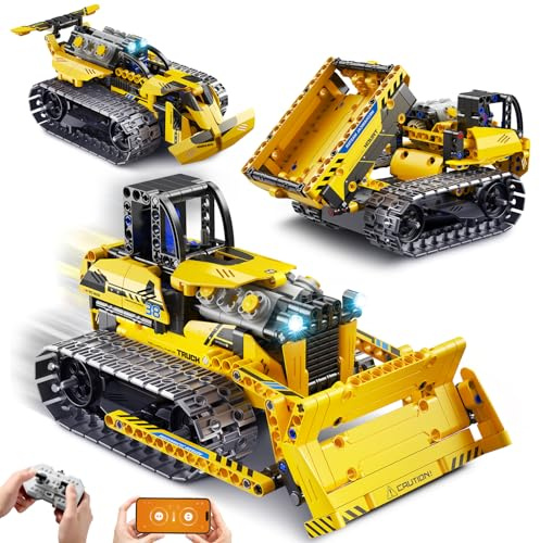 PLAXSOON Technik Ferngesteuertes Baufahrzeug Bauspielzeug für Jungen ab 8+ | 3-in-1 RC STEM Bulldozer Kipplaster Klemmbausteine mit Wiederaufladbare Akku, Weihnachten Geschenk für Kinder(452 Stück)