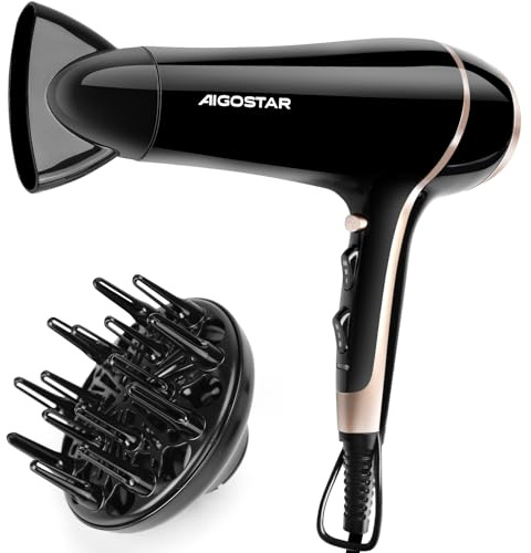 Aigostar Ionen Föhn 2400W, Profi-Haartrockner mit Diffusor für Locken | Schnelles Trocknen, Kaltluft-Taste, Überhitzungsschutz, 3 Heizstufen & 2 Gebläsestufen, für Zuhause & Styling