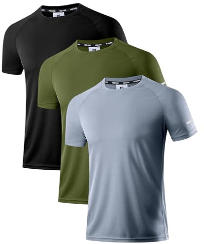 Herren Activewear T-Shirts 3 Pack | Slim Fit Sport Shirts | Atmungsaktiv, Schnelltrocknend & Leicht | mit Reflektierenden Details für Fitness, Laufen & Training Schwarz/Grau/Grün 3P04-L