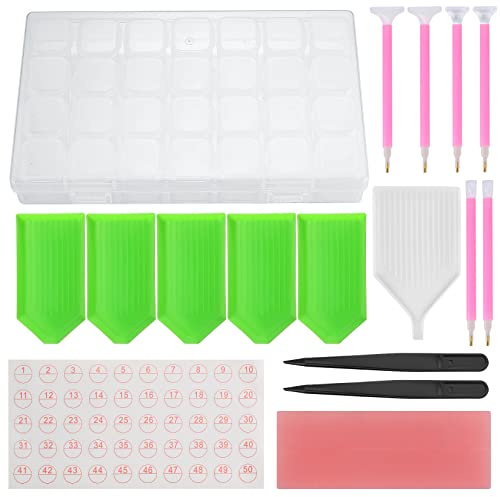 SZJYG 5D DIY Diamond Painting Zubehör Kits, 24 Stück Diamant Painting Bilder Komplett Kits mit 28 Fächern Box Pinzette Stifte für Diamantperlen Bastelzubehör