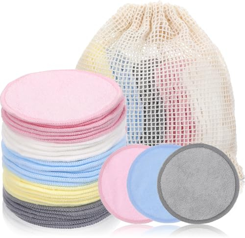 Guduling 30 Stück Make Up Entferner Pads Waschbar,Wattepads Wiederverwendbar,Waschbare Abschminkpads mit Stoffbeutel für alle Hauttypen zur Gesichtsreinigung und Hautpflege,5 Farben