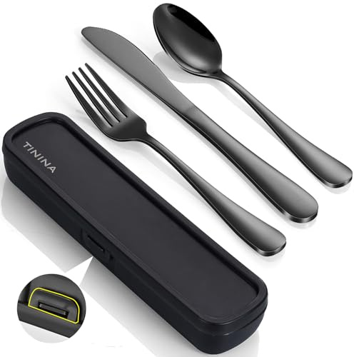 Camping Besteck, 4 Stück Edelstahl Reisebesteck mit Etui, Verstärktes Gehäuse mit Schnallen-Design, Campingbesteck für Outdoor, Reise, Arbeit, Schule, Spülmaschinenfest, Schwarz
