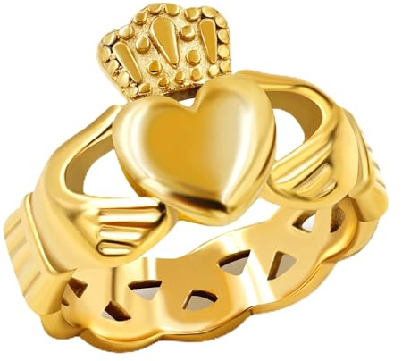 JunyiDIY Herz Kronen Ring - Goldfarbener Claddagh Schmuck für Ehemann Ehefrau, Ideal für Jahrestag Hochzeitsverlobungs Schmuckfeiern (Größe 9)