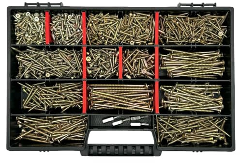 FRACKMANN Schraubenset 1000 Teile – Holzschrauben & Spanplattenschrauben 3x12 bis 4,5x80 – inkl. 4 TX Bits & Sortimentskoffer – Profiqualität Made in Germany