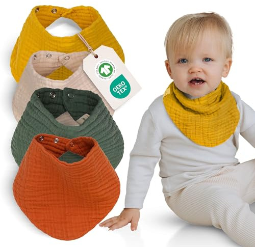 furora BABY Musselin Halstuch Baby Mädchen & Jungen, bio Baumwolle OEKO-TEX: Set (4 Stück) Dreieckstuch Baby Winter + Sommer | Lätzchen Baby Neugeborene- Kinder 4 Jahre: weich saugfähig