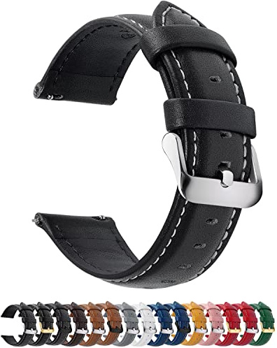 12 Farben Uhrenarmband 22mm Lederarmband für Smartwatch Universal-Uhr | Schnellverschluss Vintage Ersatzrmbänder mit Edelstahl Schließe,für Herren Damen,Schwarz+silber Schnalle
