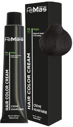 FemMas Haarfarbe Schwarz 1 I Creme Haarfarbe mit Arganöl, Keratin & Ceramiden I Als dauerhafte Haarfärbung oder Tönung für strahlende, haltbare Farbergebnisse I 100 ml