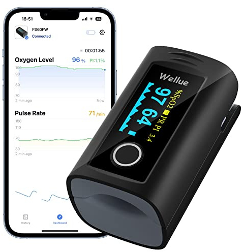 ViATOM Pulsoximeter mit Bluetooth und Offline-Speicher,Sauerstoffsättigung Messgerät Finger,Blutsauerstoffmessgerät Finger für Sp-O2 und Herzfrequenzmesser, inklusive Batterien und Umhängeband