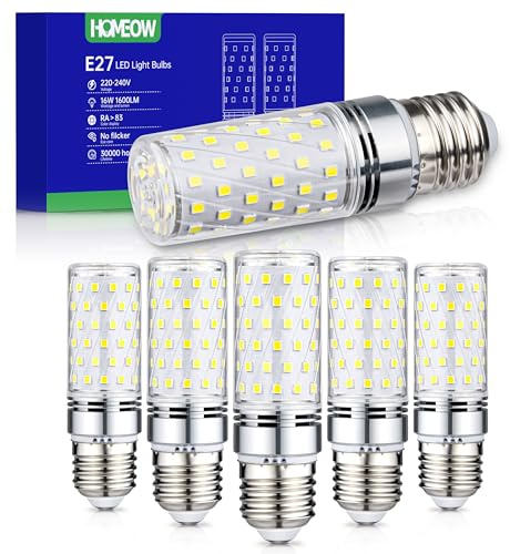 HOMEOW E27 LED Kaltweiss 6000K, Extra Hell 16W 1600LM Glühbirne, Ersetzt 150W Leuchtmittel, Maiskolben LED E27 Energiespar Lampe, Nicht Dimmbar, AC 220-240V, 6er Set