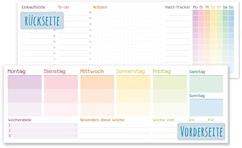paper&you® Wochenplaner ohne festes Datum "Rainbow" 50 Blatt - Tischkalender Block quer undatiert inkl. Terminplaner, Habit-Tracker, To-Do-Liste, Einkaufsliste, Notizen - nachhaltig & klimafreundlich