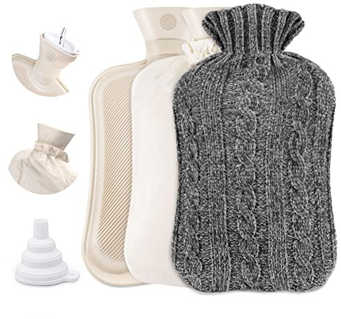 Premium Strickbezug für Wärmflasche,ilauke Wärmeflasche mit Weicher Bezug,2L groß Naturkautschuk Bettflasche mit Einem Wassertrichter,Abnehmbare und waschbare Hot Water Bottle für Erwachsene & Kinder