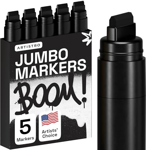 Artistro 5 Schwarze Acrylstifte für Steinbemalung, Stein, Keramik, Glas, Holz, Reifen, Stoff, Metall, Leinwand – 5er Set Acrylmarker auf Wasserbasis – Jumbo-Spitze