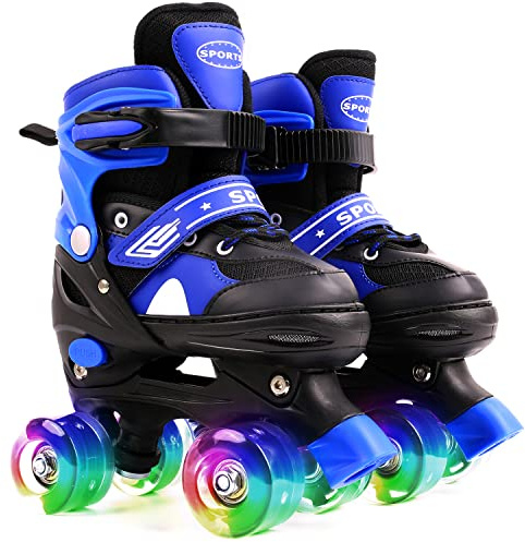 Ceestyle Verstellbare Rollschuhe für Kinder, Classic Disco Roller, Leuchtenden Rädern, Größenverstellbare Atmungsaktiv Quad Skates, Verstellbar von 27 bis 37, 4 Größen, Jungen und Mädchen, Blau M