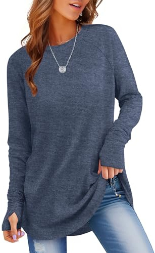 Rapbin T-Shirt Damen Elegant Sweatshirt Lässig Pullover Langarm Oberteile Rundhals Longshirt Pulli Mit Daumenloch Graublau L