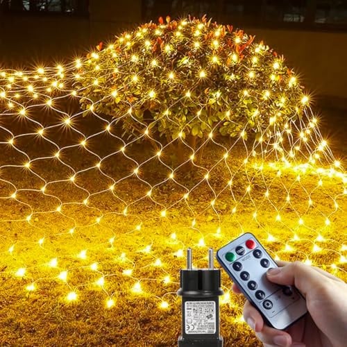 BSRANE Lichternetz Außen 3x2m, 208 LED Lichterkette Außen Netz Warmweiß mit 8 Modi Fernbedienung Timer, IP65 Wasserdicht Lichterkette Innen Außen Dekorationen für Büsche Garten