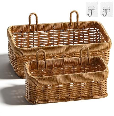 2 Stück Aufbewahrungskorb Geflochten, Wandkorb Aufbewahrungskörbe Handgewebt Imitation Rattan Regalkorb Organisation für Küche Wohnzimmern Badezimmer