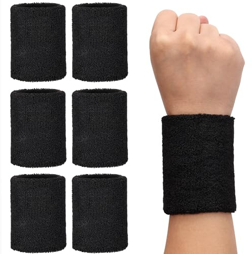 H&S Schweißbänder für Sport – 6 x Handgelenkbandagen für Padel für Herren und Damen, für Tennis, Crossfit, Fitnessstudio, Basketball, 6 x Handgelenkbandagen für Padelsport, schwarz, Sweat Wristband